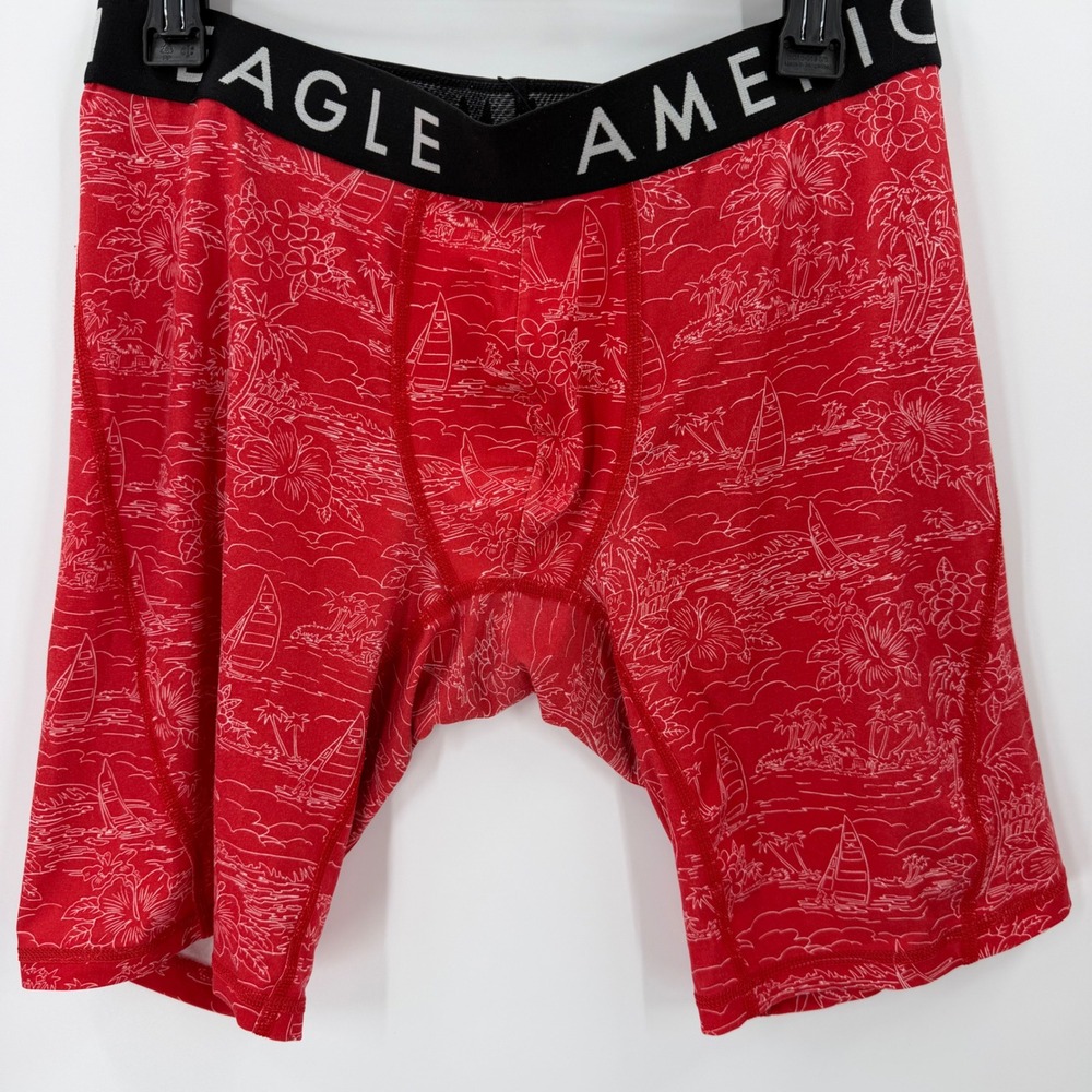 American Eagle Mens Boxer Briefs Flex M Red Tropical Sailboat Print Beach Resort